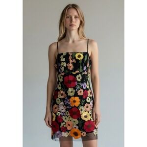 NEW Cider Floral Embroidered XL Mesh Mini Dress Black Multi Cocktail Party